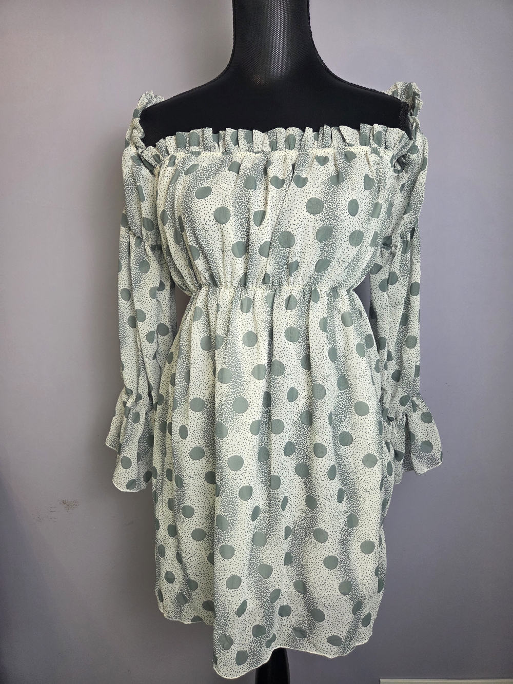 Clasi Off Shoulder Bardot Neckline Ruffle Mini Dress Sage Polka Dot Large Flirty
